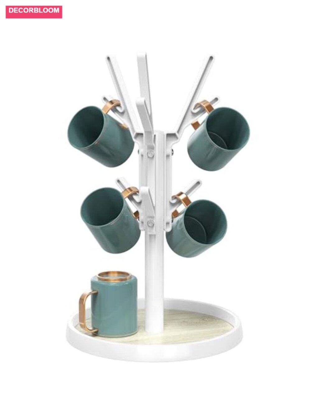 360 Rotating Turntable Mug Holder Tree, Holds 6 Mugs, White